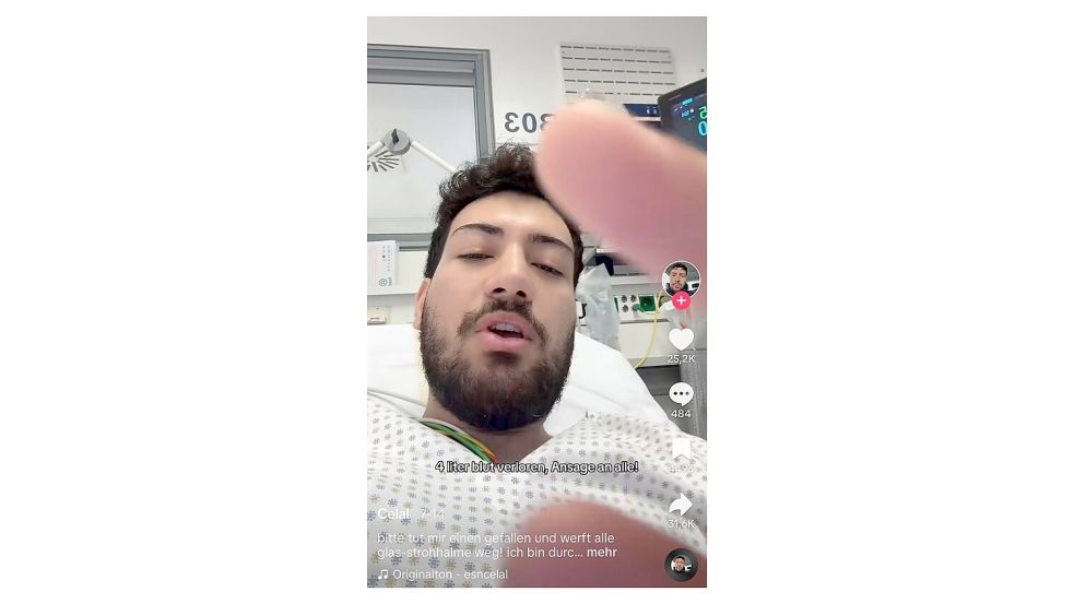 Noch aus dem Krankenhausbett warnt der Tiktoker aus Baden-Württemberg vor Glasstrohhalmen. Foto: TikTok/esncelal