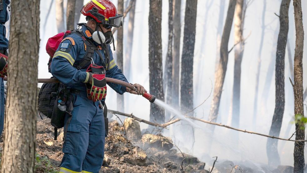 Hunderte Einsatzkräfte, darunter auch Feuerwehrleute aus Rumänien und Frankreich, kämpfen in der Nähe von Athen gegen einen Großbrand. Foto: Michael Varaklas/AP/dpa