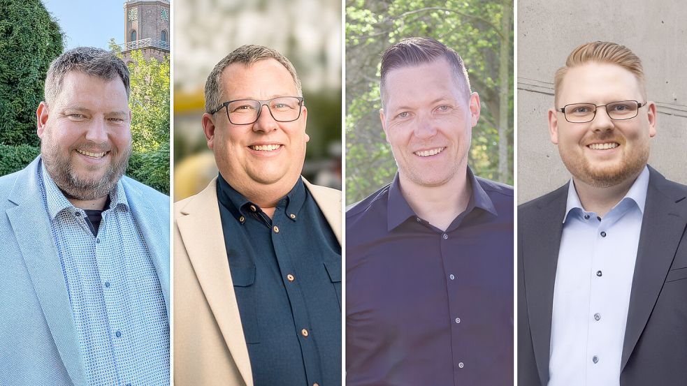 Rainer Smidt (von links), Lars Padeken, Carsten Voß und Malte Blümel treten bei der Wahl des Bürgermeisters in der Gemeinde Jemgum an. Fotos: Privat/Thorsten Wachten/Privat/Akka Fotografie