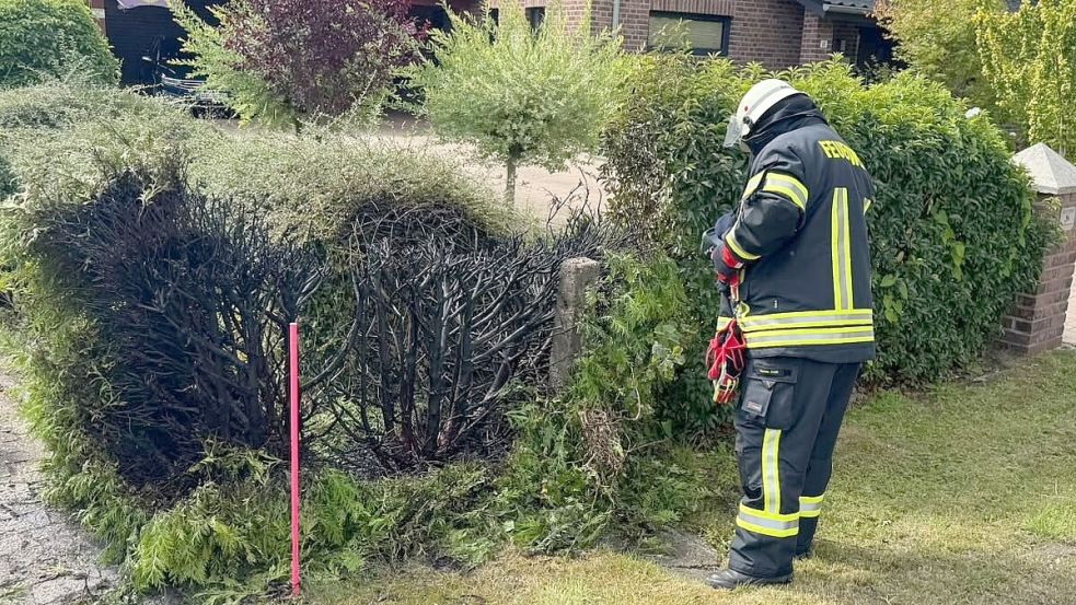 Im Middelburger Weg fing eine Hecke Feuer. Durch schnelles Eingreifen der Anwohner konnte Schlimmeres verhindert werden, sagt Feuerwehrspreche Sönke Geiken. Foto: Feuerwehr Aurich