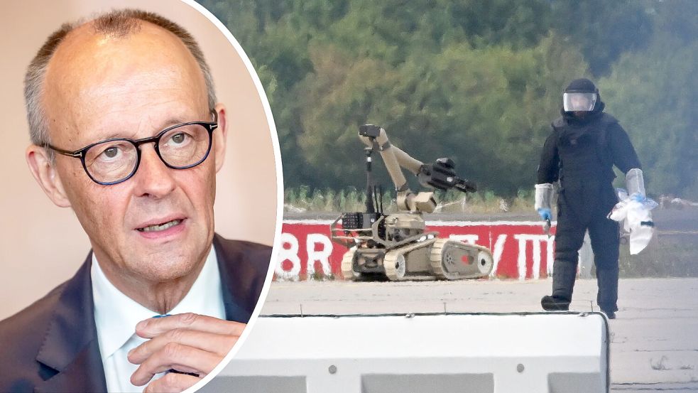 Friedrich Merz hat mit dem Nationalen Sicherheitsrat zum Drohnenvorfall in Leipzig getagt. Foto: dpa/Michael Kappeler, dpa/Hendrik Schmidt