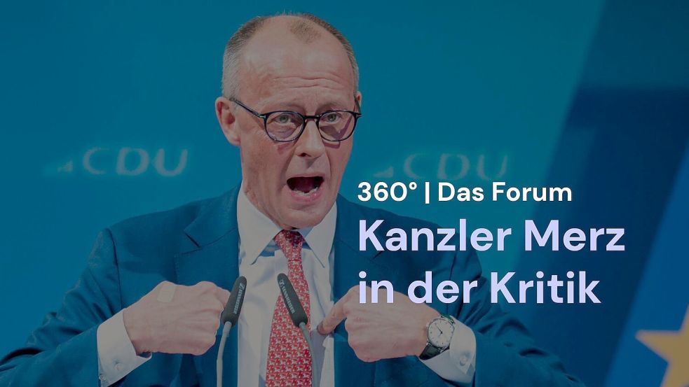 Ein Jahr nach Amtsantritt steht Friedrich Merz an der eigenen Parteibasis massiv unter Beschuss. Wie die Leser im „360° | Das Forum“ gemeinsam mit Redakteur Thomas Ludwig über das Führungsverhalten des Kanzlers und die Zukunft der Union urteilen. Foto: Foto: IMAGO / Noah Wedel Fotomontage: Eva Kowalski