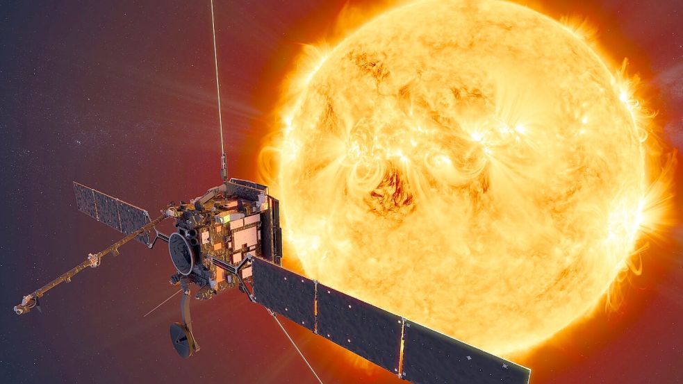 Künstlerische Darstellung der Raumsonde „Solar Orbiter“ vor der Sonne Foto: ESA/ATG Medialab