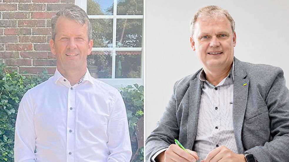 Jörg Bremer von der AfD (von links) und Amtsinhaber Thomas Erdwiens (FWG) treten bei der Bürgermeisterwahl in Südbrookmerland an. Fotos: privat