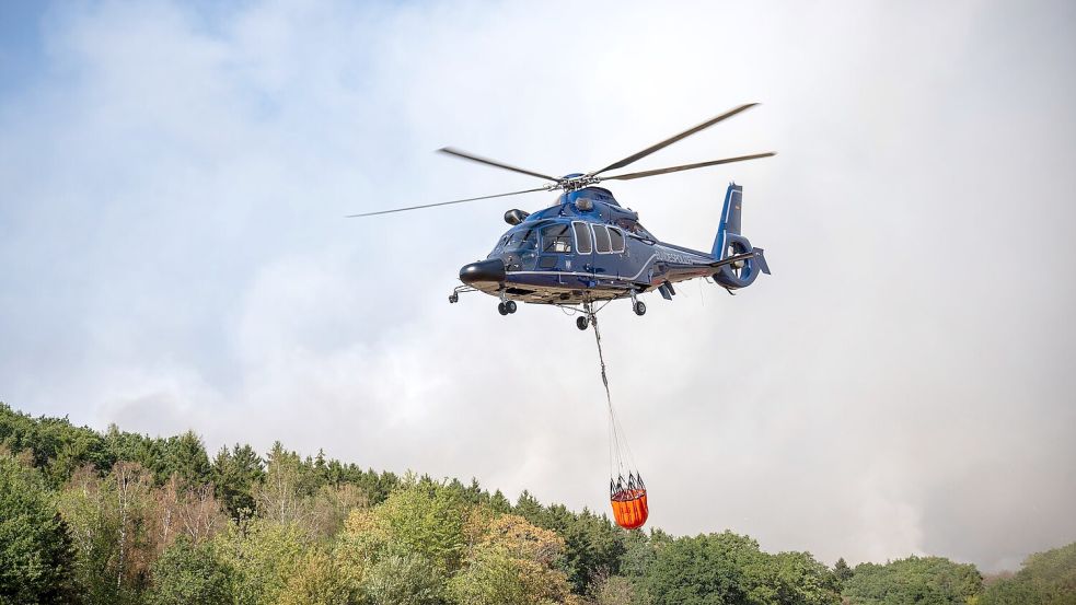Etwa zehn Löschhubschrauber halfen bei der Brandbekämpfung im Hürtgenwald - am Abend wurde der Einsatz gestoppt. Foto: Harald Tittel