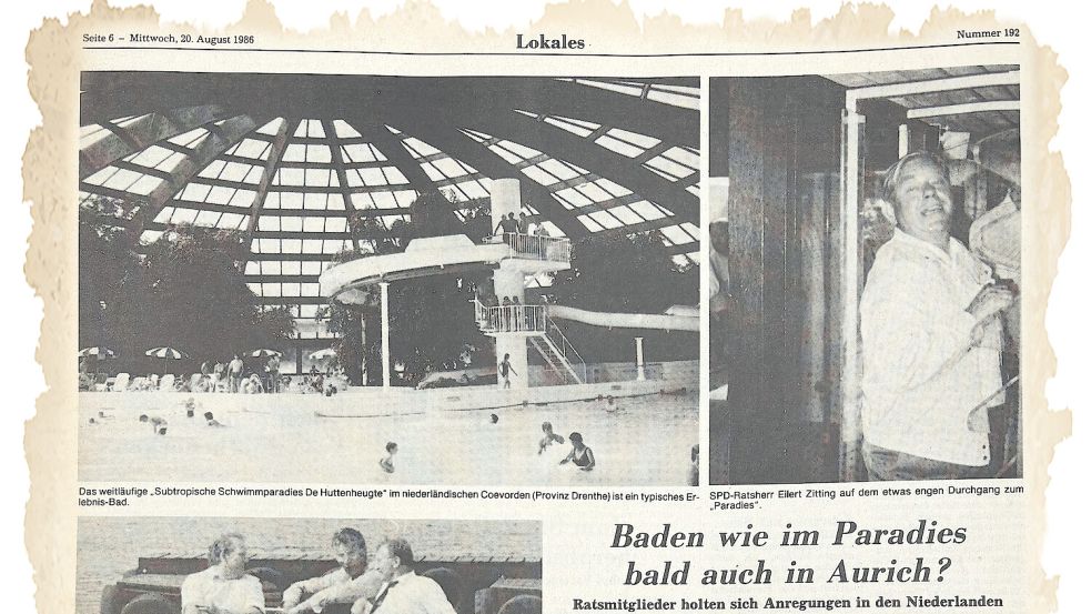 Vor 40 Jahren in den ON: Bereits 1986 informierte sich eine Auricher Delegation aus Politik, Sport und Verwaltung über moderne Badekonzepte in den Niederlanden. Bis zur Eröffnung des Familienbades „De Baalje“ und der Umsetzung der damaligen Idee vergingen dennoch fast drei Jahrzehnte. Repro: Christine Hagewische