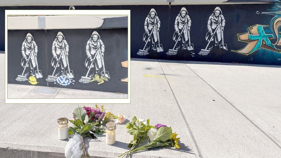 Am Sonntag legten einige Grabkerzen und Blumen vor dem Graffiti ab, das in Teilen übersprüht worden war. Links oben ist ein Screenshot von Facebook zu sehen, wie das Graffiti ursprünglich aussah. Kollage: Hannah Weiden