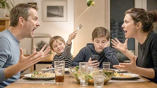 Streit, Smartphone, fliegendes Essen: Familienessen kann turbulent werden. Symboldbild: KI generiert