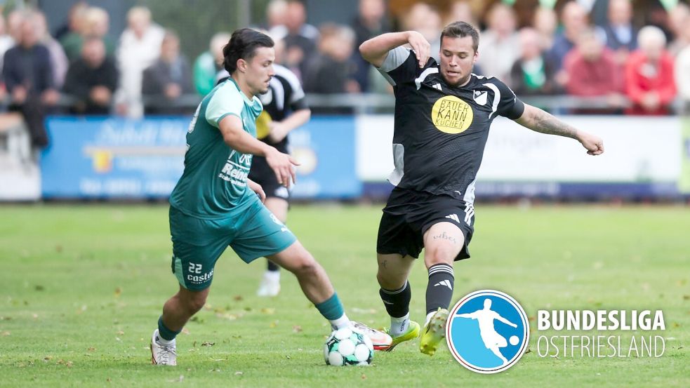 Vor wenigen Wochen trafen GW Firrel (links Pawel Antoniuk) und der SV Wallinghausen (rechts Lukas Günsel) schon einmal in Wallinghausen aufeinander. Firrel gewann das spektakuläre Halbfinale des Ostfriesland-Cups nach Elfmeterschießen. Diesmal geht es um Bezirksliga-Punkte. Foto: Jens Doden/Emden