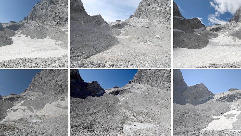 Die Fotos zeigen die Reste des Watzmanngletschers auf 2060 Metern - 2021 (oben links), 2022 (oben Mitte), 2023 (oben rechts), 2024 (unten links), 2025 (unten Mitte) und 2026 (unten rechts). Foto: Angelika Warmuth