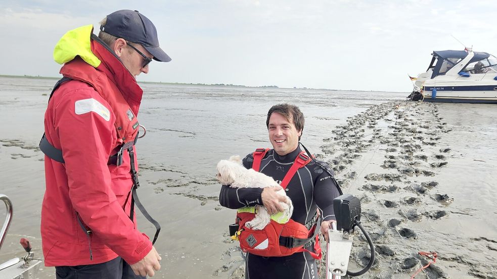 Auch ein Hund wurde von den Einsatzkräften sicher an Land gebracht. Foto: Kreisfeuerwehr Leer