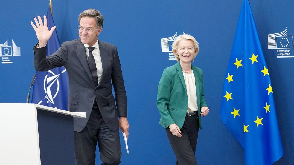 EU-Kommissionspräsidentin Ursula von der Leyen und Nato-Generalsekretär Mark Rutte äußern sich in Brüssel zum Vorfall mit einer Sprengstoffdrohne auf dem Flughafen Leipzig/Halle. Foto: Virginia Mayo