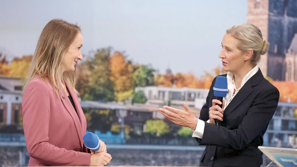 BSW-Spitzenkandidatin Claudia Wittig und AfD-Bundesvorsitzende Alice Weidel standen gemeinsam in einer Wahlsendung. Foto: Jan Woitas/dpa