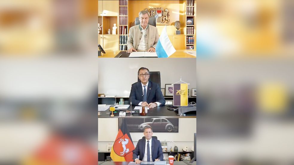 Markus Söder, Olaf Lies und Cem Özdemir zeigen sich mit ihrem neuesten Appell an die Bundesregierung und an die EU zur Förderung und Schutz des Automobilstandorts Deutschland als Einheit. Foto: X/Cem Özdemir (Fotomontage von Patrick Kern)