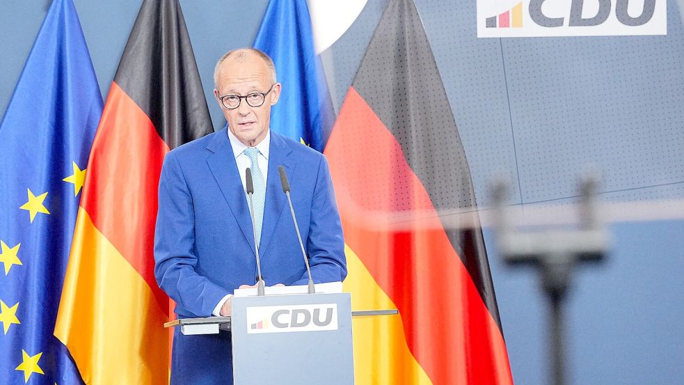 Bundeskanzler Friedrich Merz (CDU) spricht nach den Wahlen in Berlin und Mecklenburg-Vorpommern im Konrad-Adenauer-Haus. Foto: dpa/Michael Kappeler
