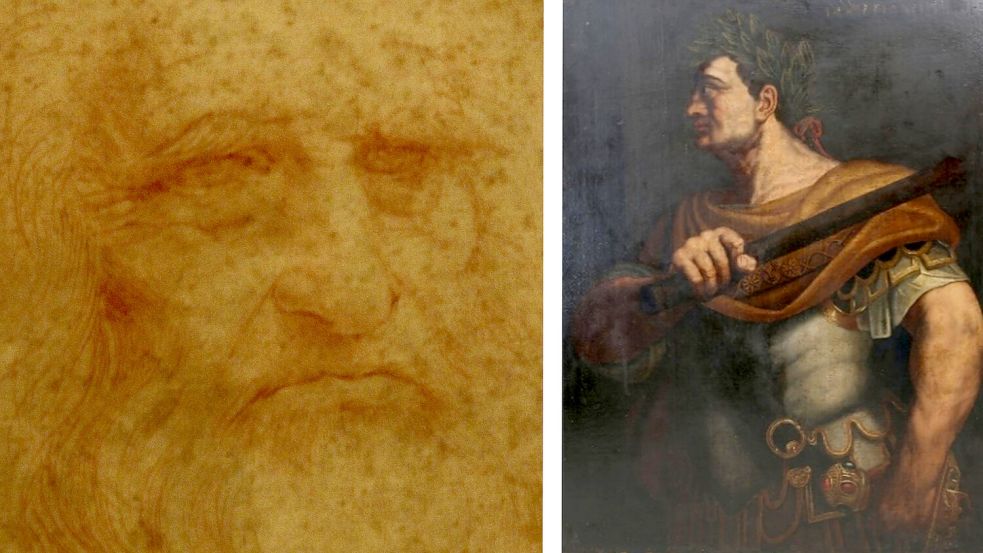 Klar ist: Das Gemälde (rechts) zeigt den römischen Kaiser Domitia. Unklar ist: Hat es der Gelehrte Leonardo da Vinci gemalt? Foto: Imago/Insidefoto/Helena Christerdotter.