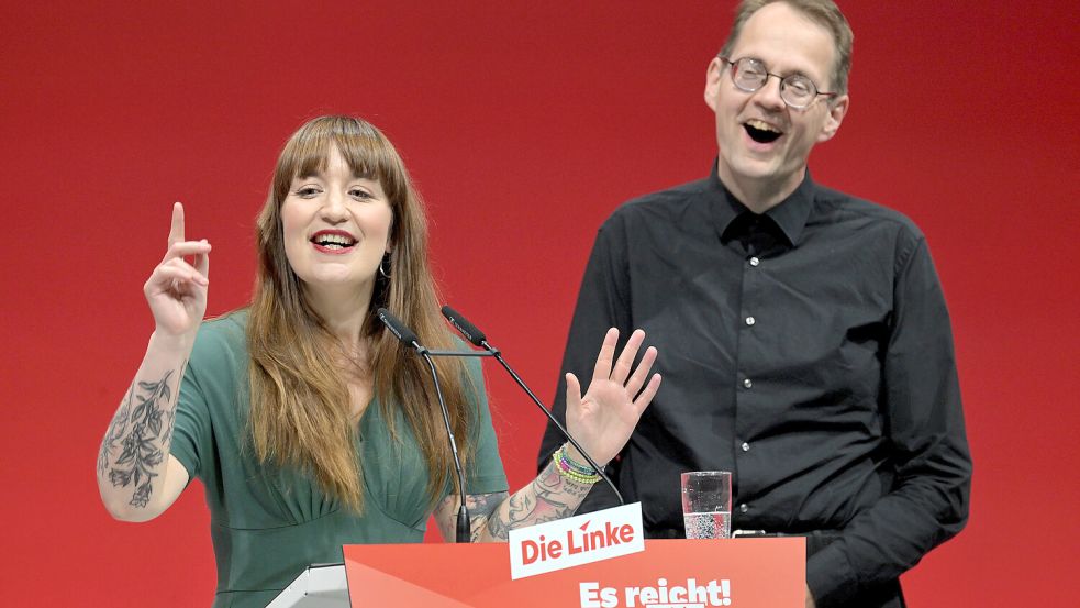 Sören Pellmann (rechts) führt gemeinsam mit Heidi Reichinnek die Linken-Fraktion im Bundestag. Aus Trotz ist er jetzt der „Roten Hilfe“ beigetreten. Foto: dpa/Michael Bahlo