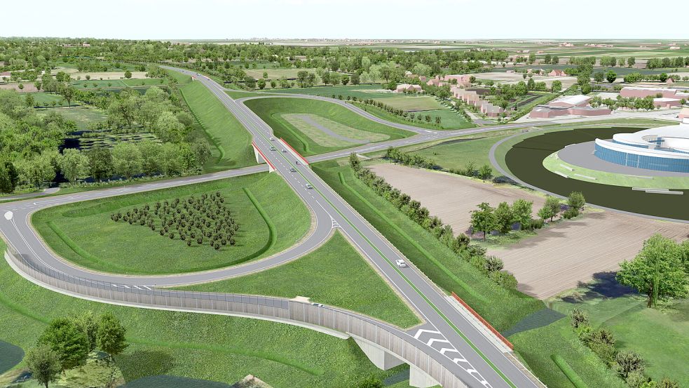 So soll die Auricher Umgehungsstraße B 210n im Bereich des EEZ bei Sandhorst aussehen. Dort soll sie die Dornumer Straße überqueren. Grafik: Landesstraßenbaubehörde