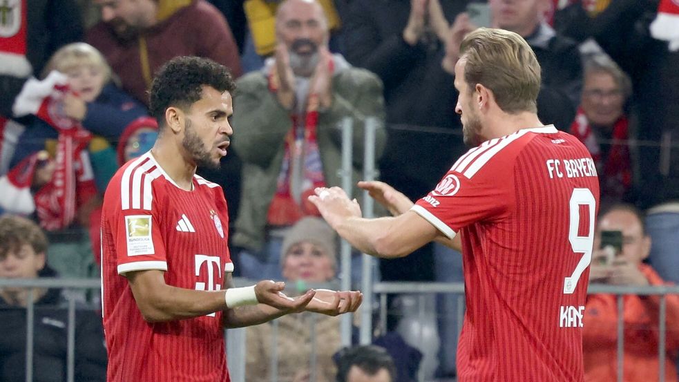 Luis Díaz (l) bejubelt sein Tor zum 1:0 mit Harry Kane. Foto: Karl-Josef Hildenbrand/dpa
