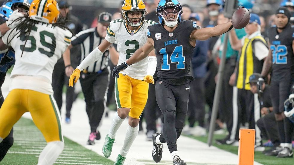 Amon-Ra St. Brown blieb mit Detroit auch gegen die Packers auf Erfolgskurs. Foto: Paul Sancya/AP/dpa